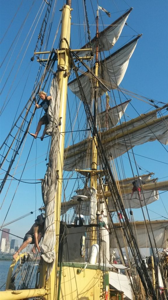 crew work aloft aboard PICTON CASTLE to loose wet sails to dry